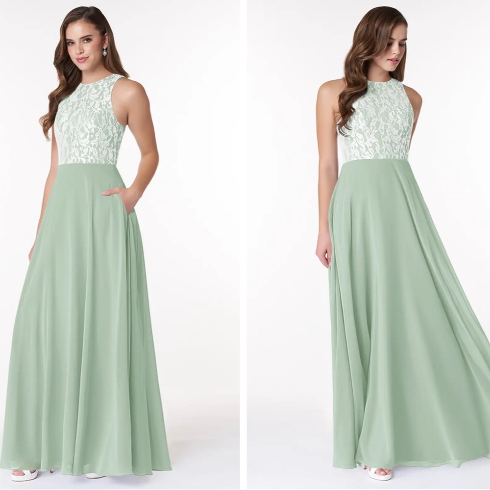 NWT Azazie Kate Bridesmaid Dress Lace Bodice‎ Formal Gown Dusty Sage A8 - Picture 5 of 15